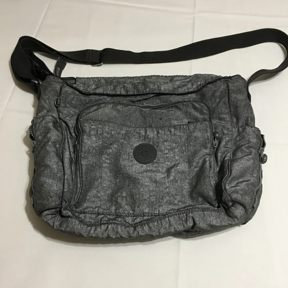 Kipling Messenger Bag Unisex Gray Metallic Crinkle Nylon Crossbody